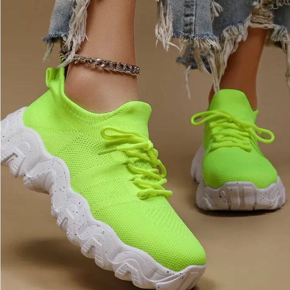 Green Chunky Platform Sneakers with Neon Appeal - Picture 5 of 6
